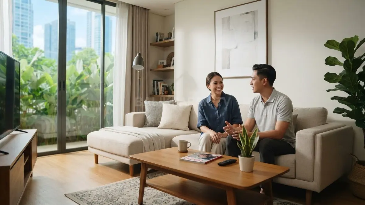Ruang tamu minimalis elegan dengan furnitur modern, dekorasi sederhana, dan suasana hangat yang nyaman (BTV/AI)
