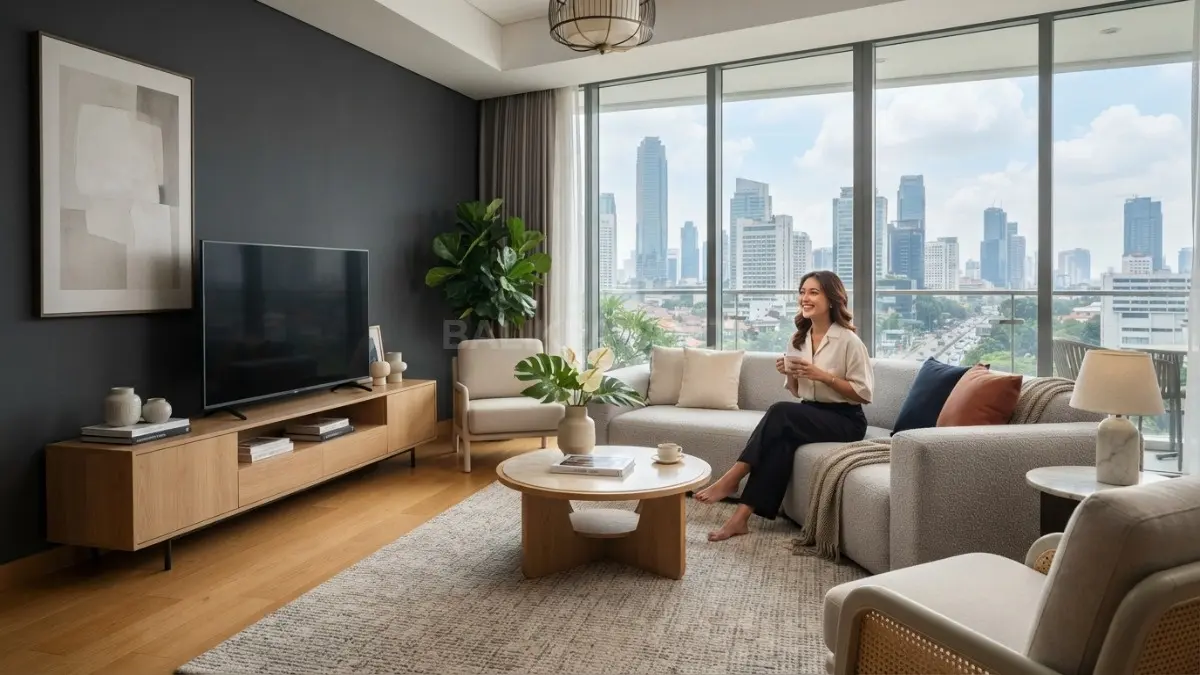 Ruang tamu modern dengan dinding charcoal dipadukan furnitur terang dan pencahayaan alami yang elegan. (BTV/AI)
