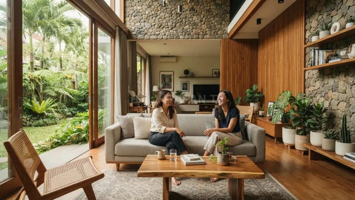 Ruang tamu modern memadukan batu sungai, kayu alami, dan tanaman hijau untuk menghadirkan suasana hangat. (BTV/AI)