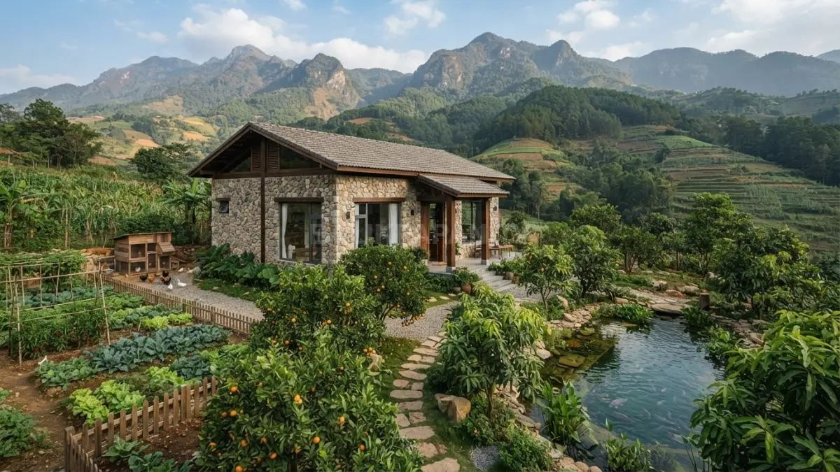 Rumah batu alam berpadu halaman produktif, kebun organik, tanaman buah, serta kolam ikan keluarga berkelanjutan. (BTV/AI)
