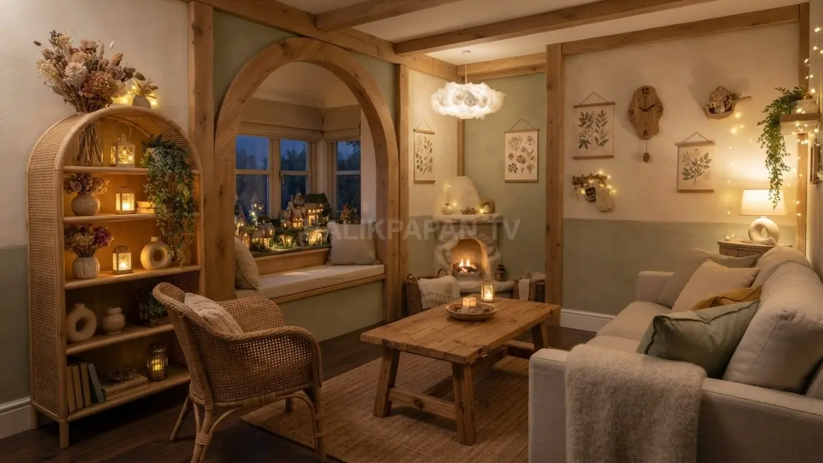 Rumah bergaya desa peri menghadirkan suasana hangat, alami, estetik, lengkap tanaman hias sintetis dan furnitur kayu rustic. (BTV/AI)

