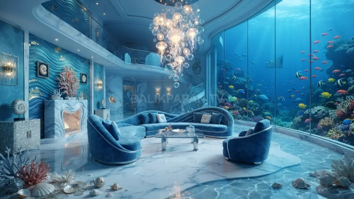 Rumah istana bawah laut bernuansa biru elegan dengan dekorasi samudra mewah dan futuristik (BTV/AI)
