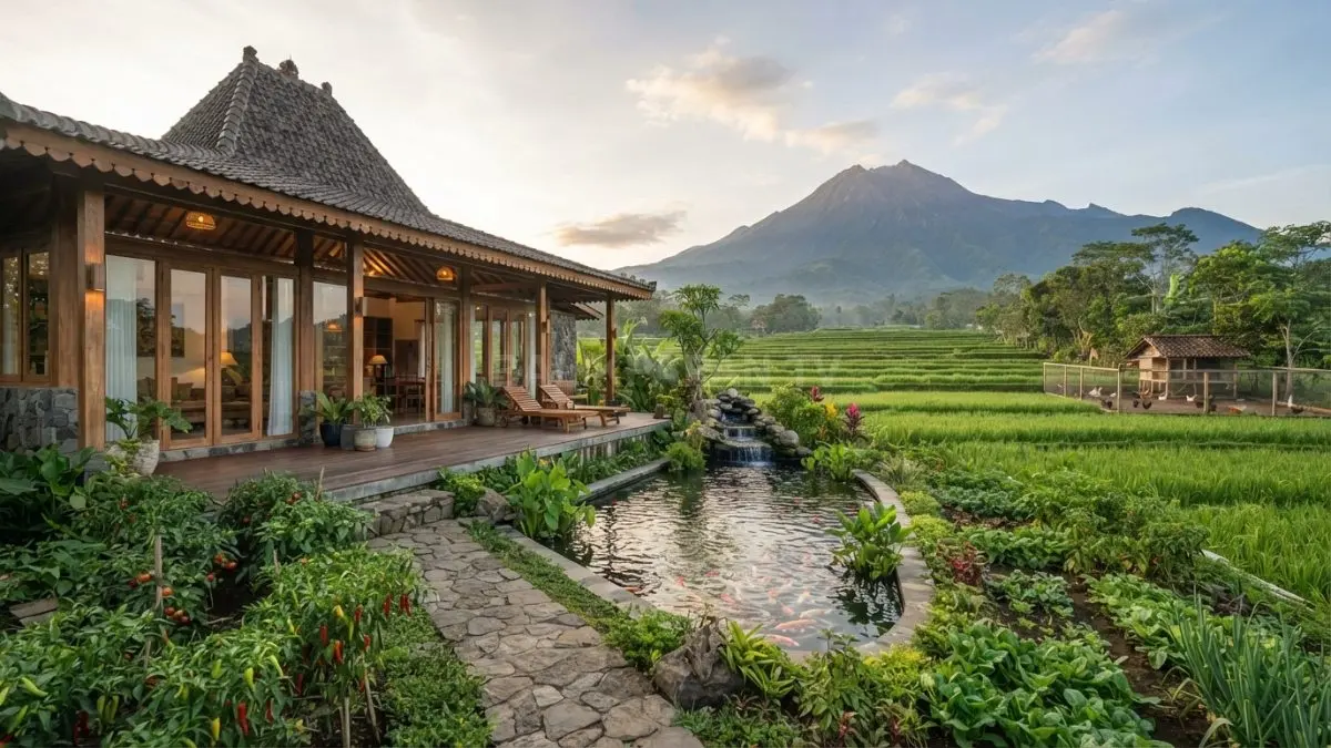 Rumah Joglo modern berpadu kolam koi kebun produktif berlatar gunung menenangkan keluarga setiap hari. (BTV/AI)
