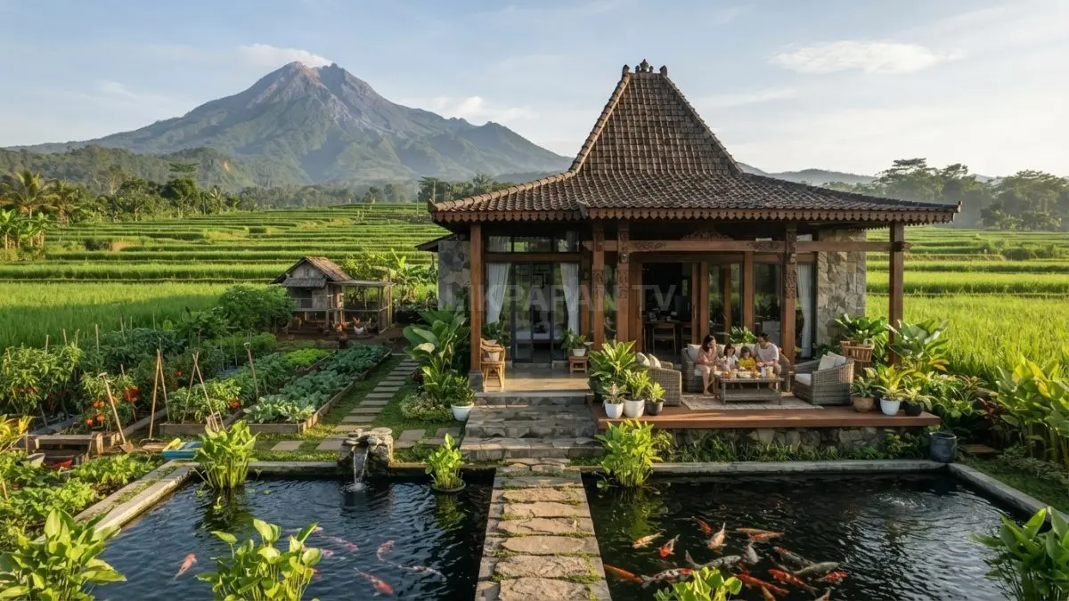 Rumah kampung berpadu panorama gunung, sawah hijau, kolam ikan, kebun sayur, dan kandang ayam alami. (BTV/AI)