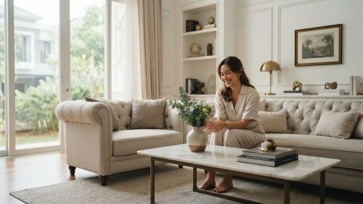 Rumah klasik Eropa elegan dengan furnitur mewah, warna netral, pencahayaan hangat, dan dekorasi seimbang (BTV/AI)
