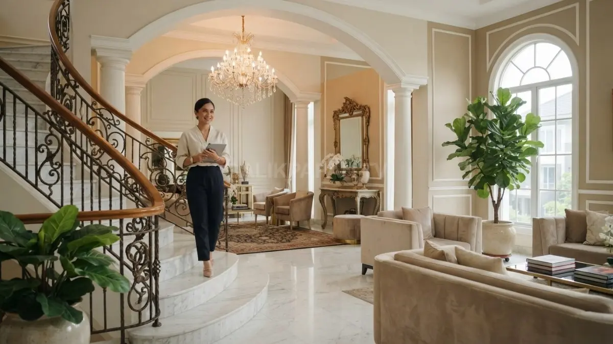 Rumah klasik Italia tampil megah dengan marmer, pilar elegan, chandelier, dan dekorasi artistik mewah (BTV/AI)

