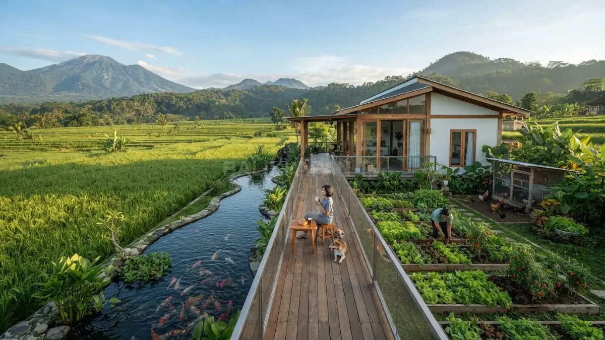Rumah minimalis kampung berteras panjang menghadap sawah dengan kolam ikan serta kebun sayur produktif alami (BTV/AI)

