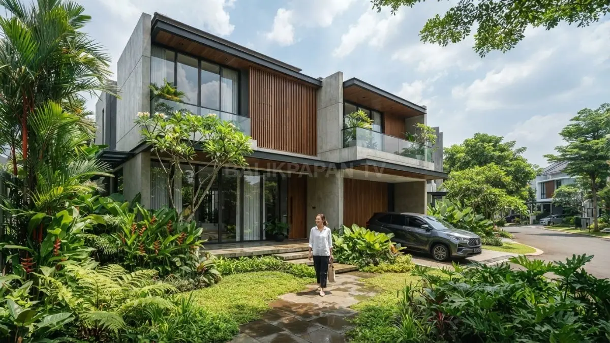 Rumah minimalis modern dengan pencahayaan alami dan taman hijau menghadirkan suasana yang nyaman, estetik, serta mendukung gaya hidup sehat dan hemat energi.(BTV/AI)