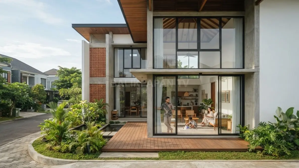 Rumah minimalis tropis dengan ventilasi besar dan pencahayaan alami, sejuk, hemat energi, nyaman sepanjang hari. (BTV/AI)
