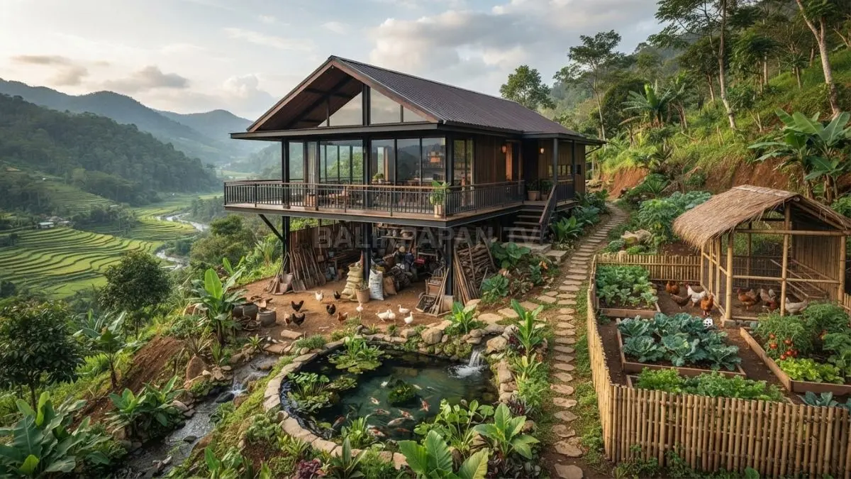 Rumah panggung modern memaksimalkan lereng perbukitan dengan kolam ikan, gudang, dan kandang ayam terpisah alami. (BTV/AI)
