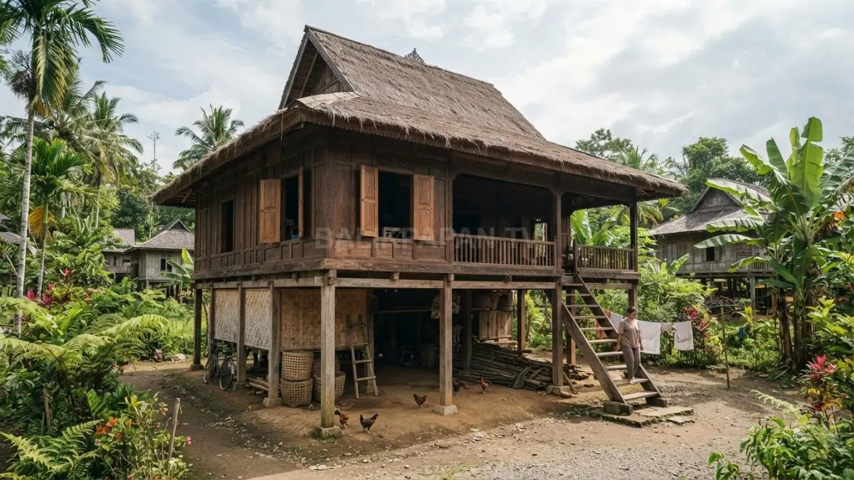Rumah panggung tradisional Indonesia dengan kolong terbuka yang membantu sirkulasi udara di sekitar bangunan. (BTV/AI)