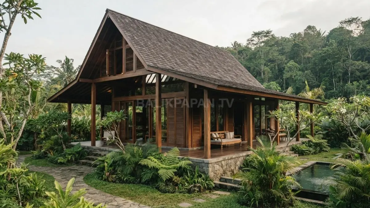 Rumah tradisional Nusantara dengan atap tinggi dan teritisan lebar, memperlihatkan konsep arsitektur tropis yang memanfaatkan udara alami. (BTV/AI)