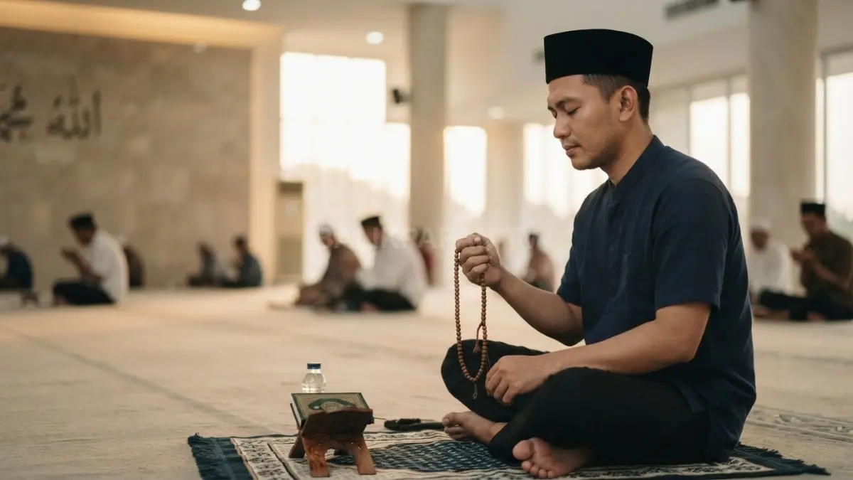 seorang muslim sedang berdzikir setelah salat sebagai bagian dari gaya hidup religius untuk menjaga ketenangan hati dan memperkuat keimanan kepada Allah SWT. (BTV/AI)