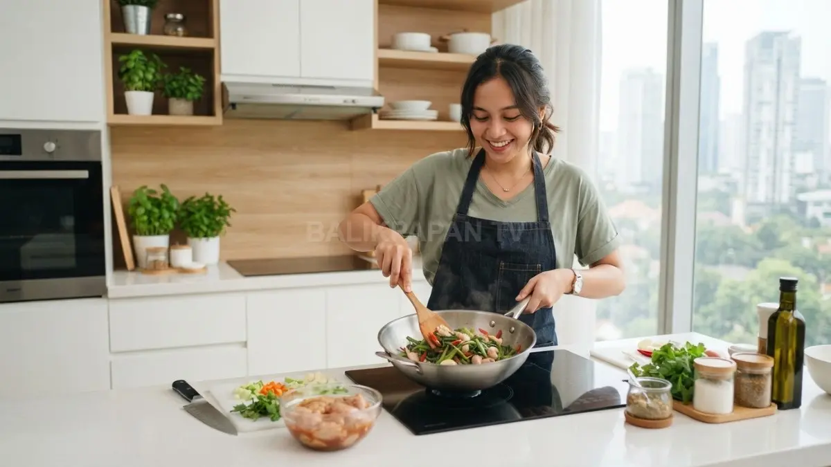 Seorang wanita sedang memasak di dapur minimalis berwarna putih dengan pencahayaan alami modern elegan (BTV.AI)