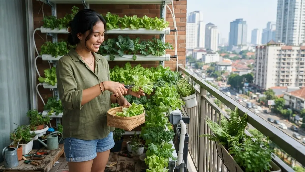 Seorang warga kota memanen selada segar dari kebun vertikal di balkon rumah. Urban farming menjadi solusi cerdas untuk memanfaatkan lahan terbatas sekaligus mendukung gaya hidup sehat dan ramah lingkungan. (BTV/AI)