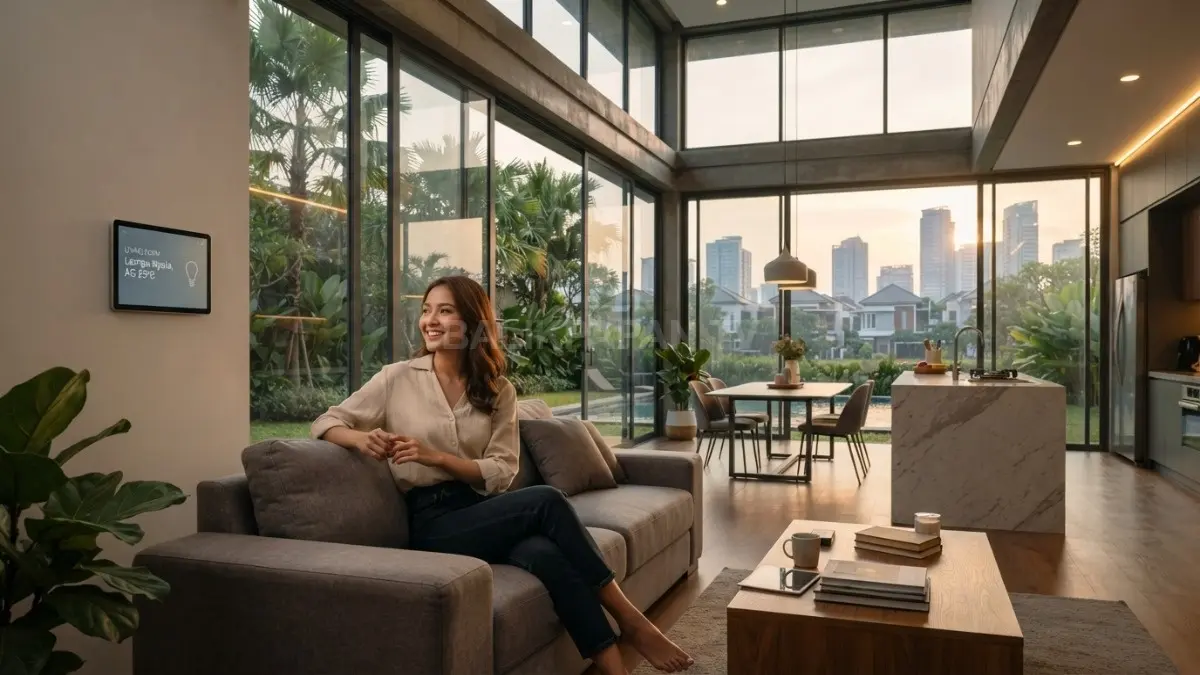 Smart home modern dengan desain terbuka dan jendela besar menciptakan hunian yang nyaman, terang, dan hemat energi.(BTV/AI)