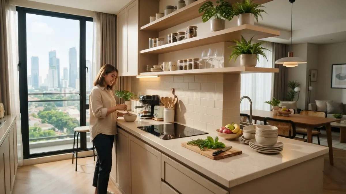 Sudut dapur modern bernuansa beige dan cokelat muda dengan pencahayaan alami elegan harmonis memikat (BTV.AI)