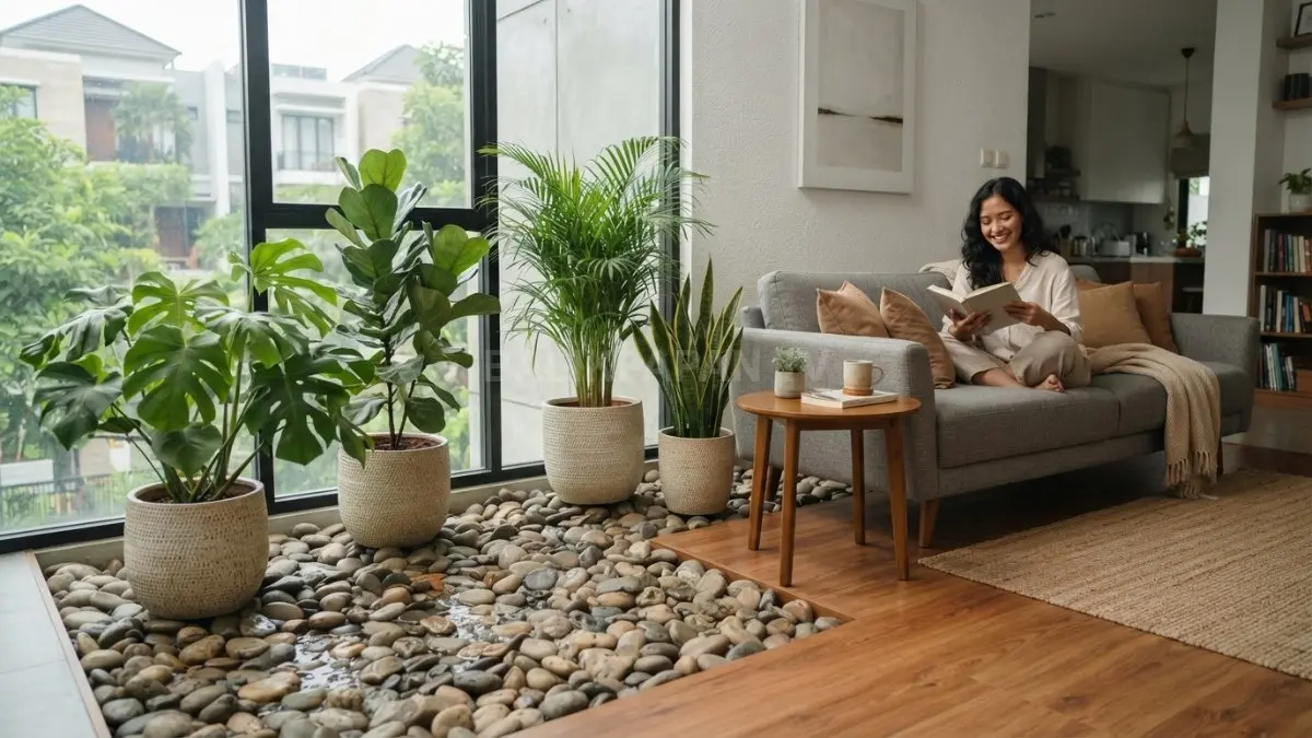 Sudut ruang tamu menggunakan hamparan batu sungai sebagai dekorasi alami yang menyatu dengan tanaman indoor. (BTV/AI)