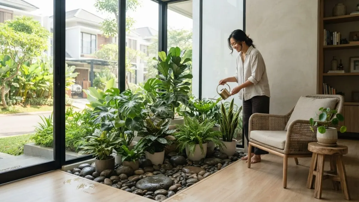 Sudut tanaman indoor dipadukan batu sungai menghadirkan nuansa taman alami, menyegarkan suasana dan mempercantik interior rumah. (BTV/AI)
