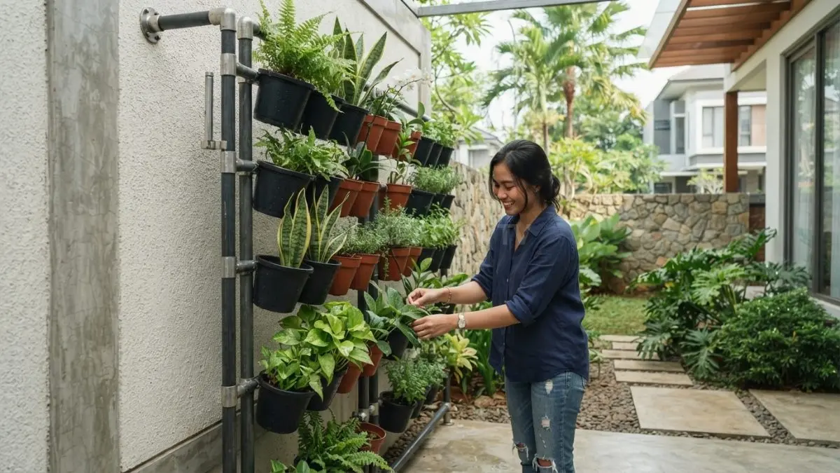 Taman vertikal pakai rangka hollow atau stainless bikin rumah makin estetik, clean, dan gampang dirawat (BTV/AI).
