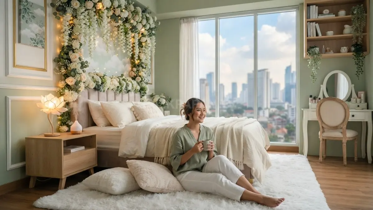 Tanaman menjuntai, bunga artificial, dan furnitur klasik menciptakan kamar bak taman istana awan yang memukau. (BTV/AI)
