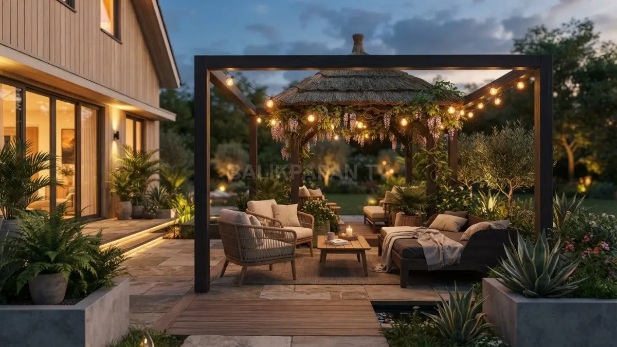 Teras rumah minimalis dengan gazebo kecil, tanaman hijau, dan pencahayaan hangat sebagai ruang santai outdoor. (BTV/AI)