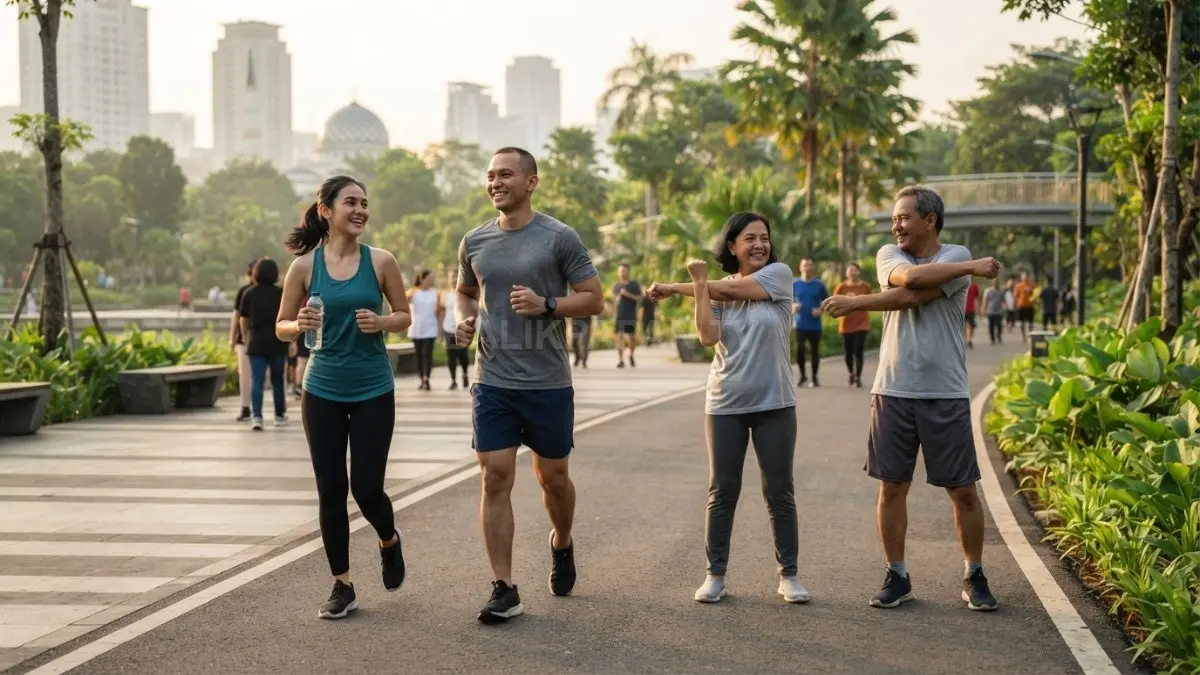 Tidak harus pergi ke gym. Jalan kaki, bersepeda, stretching, atau olahraga ringan membantu kesehatan optimal. (BTV/AI)