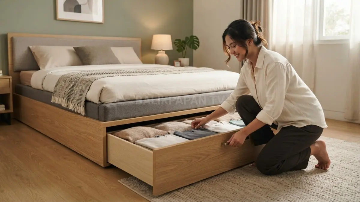 Tidur nyenyak, kamar rapi. Maksimalkan ruang dengan tempat tidur berbantu laci tersembunyi! (BTV/AI). 