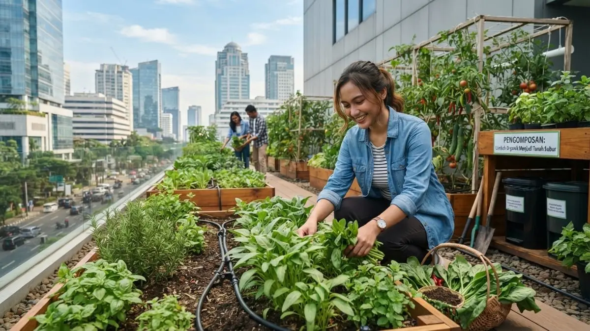 Urban farming mengurangi limbah organik melalui kompos serta menekan jejak karbon dari distribusi pangan jauh. (BTV/AI)