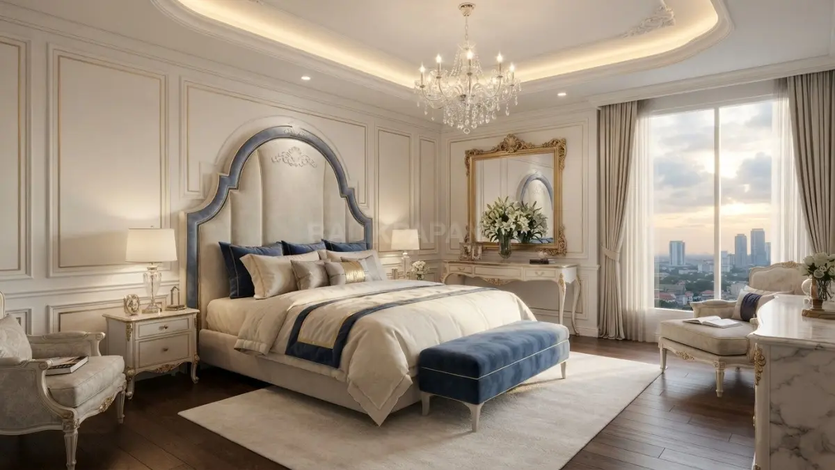 Wall moulding berlis emas memperkuat nuansa klasik elegan tanpa membuat kamar terasa berlebihan maupun sesak. (BTV/AI)