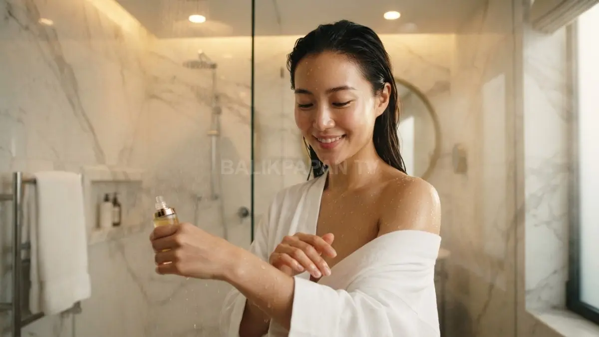 Wanita muda Asia sedang memakai serum dengan kulit bercahaya di bawah hangatnya pancuran air. (BTV/Ai)