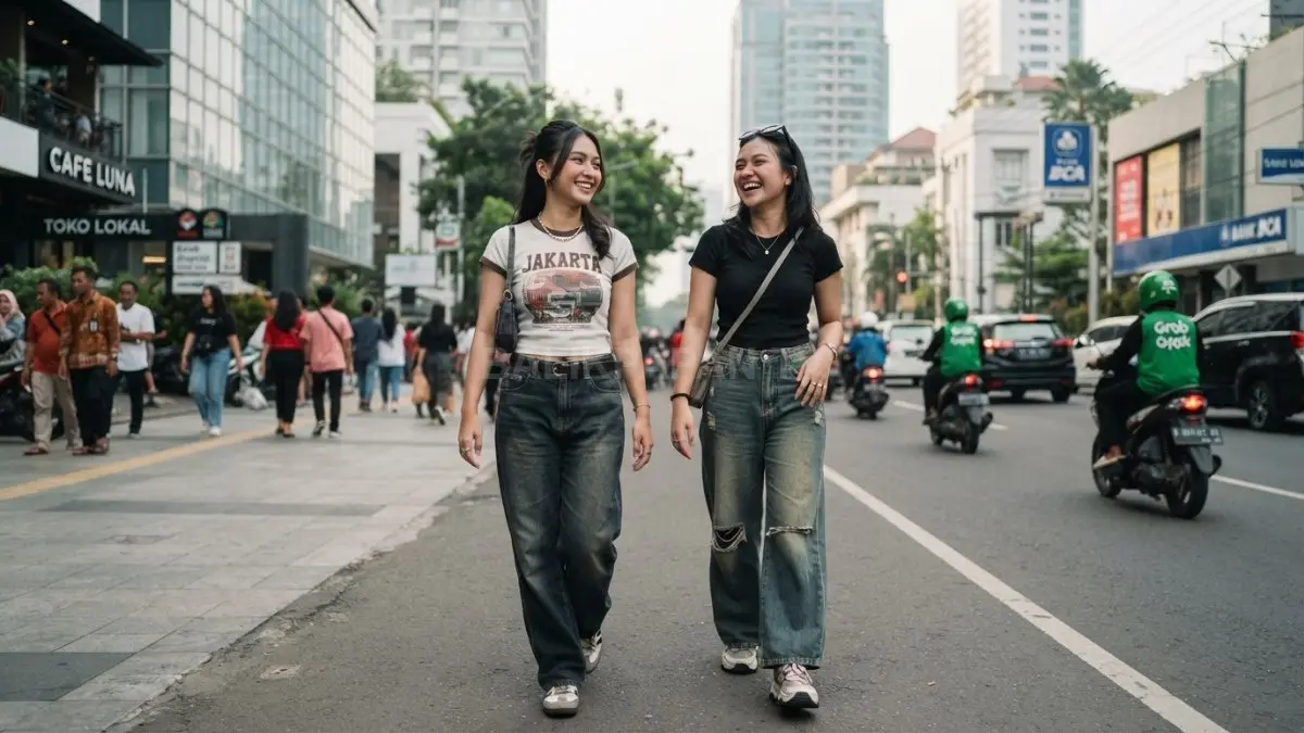 Anak muda memakai gaya fashion 2000-an dengan baby tee dan denim modern. (BTV/AI)