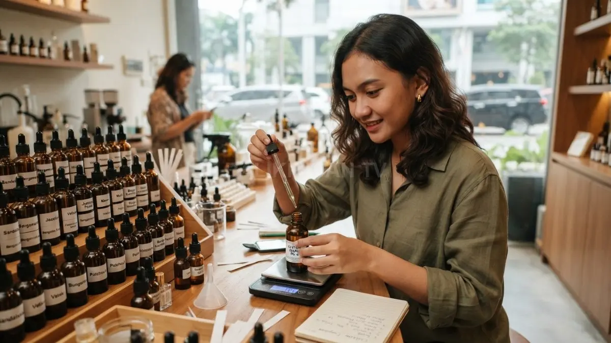 Anak muda mencoba berbagai parfum untuk membuat kombinasi aroma personal. (BTV/AI)