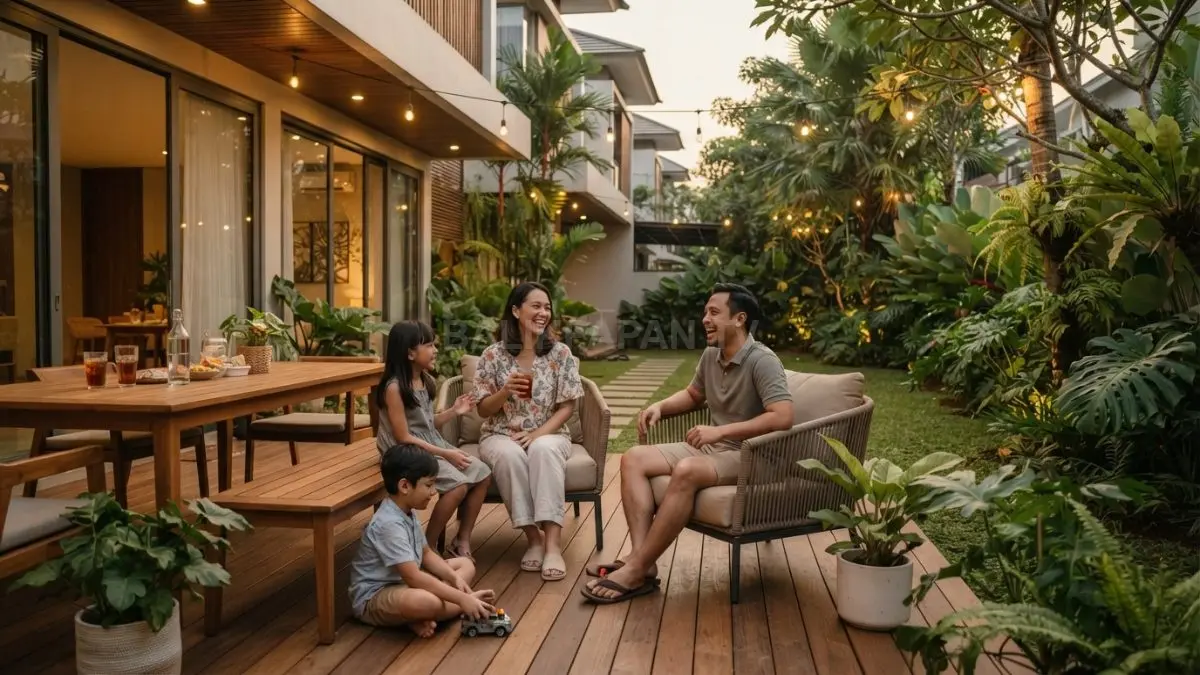 Area halaman belakang rumah modern dengan taman hijau, pencahayaan hangat menciptakan suasana keluarga harmonis BTV.AI