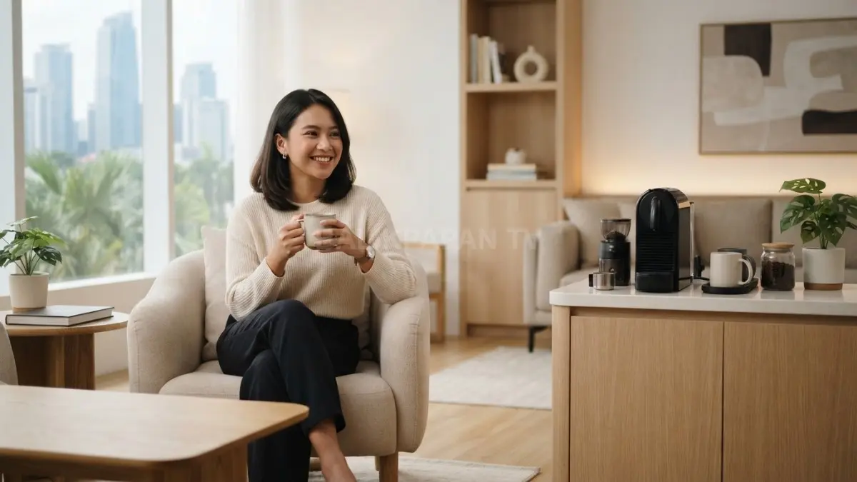 Area santai bergaya Japandi dengan kursi empuk dan coffee station sederhana. (BTV/AI)