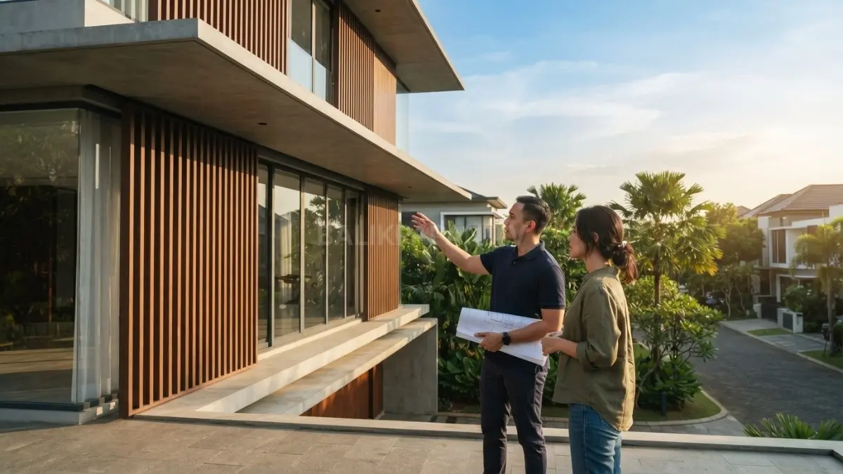 Arsitek menjelaskan desain fasad rumah dengan pelindung matahari dan ventilasi alami untuk menciptakan hunian yang lebih nyaman dan hemat energi. (BTV/AI)