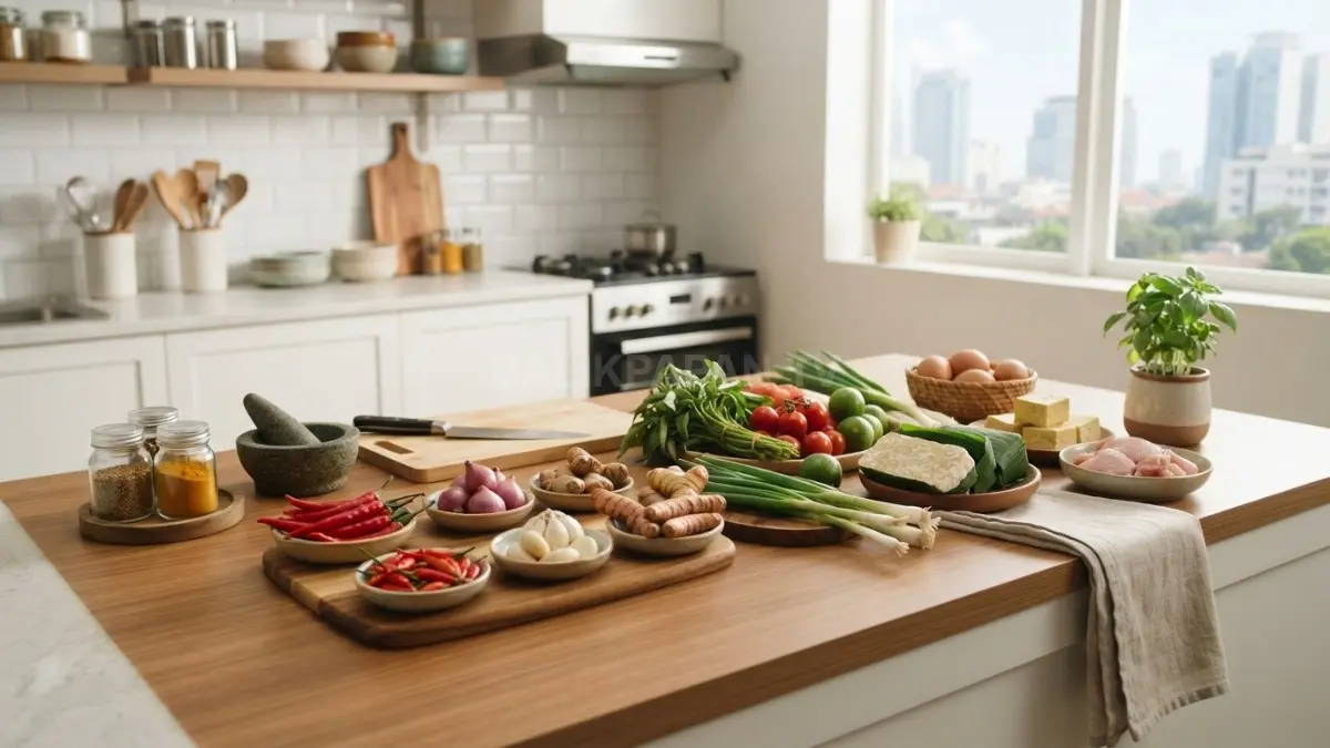 Berbagai bahan masakan segar yang siap diolah tersusun rapi di atas meja dapur. (BTV/AI)