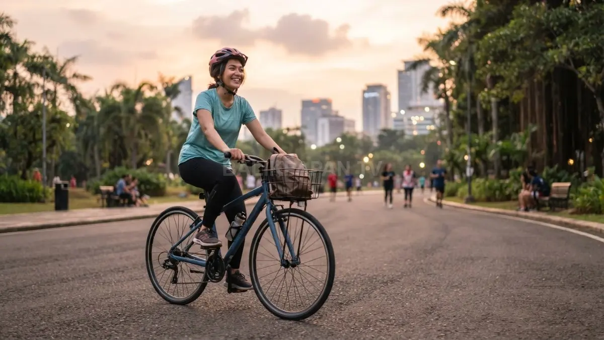 Bersepeda membantu menenangkan pikiran, meningkatkan hormon endorfin, sehingga suasana hati menjadi lebih rileks dan positif. (BTV/AI)