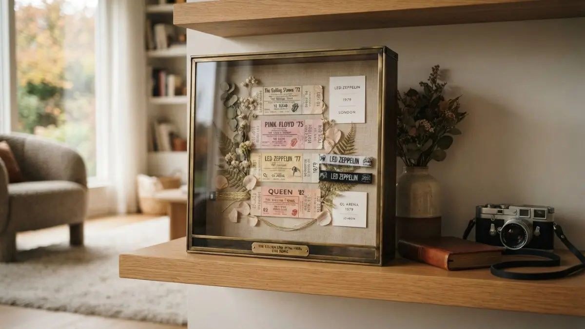 Bingkai shadow box mewah berisi tiket konser vintage menghadirkan nuansa dekorasi interior yang hangat. (BTV/Ai)