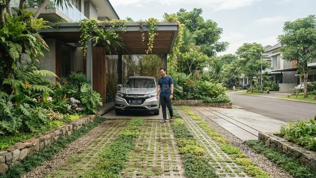 Carport menyatu dengan lanskap menghadirkan area parkir rapi sekaligus meningkatkan resapan air alami optimal (BTV.AI)