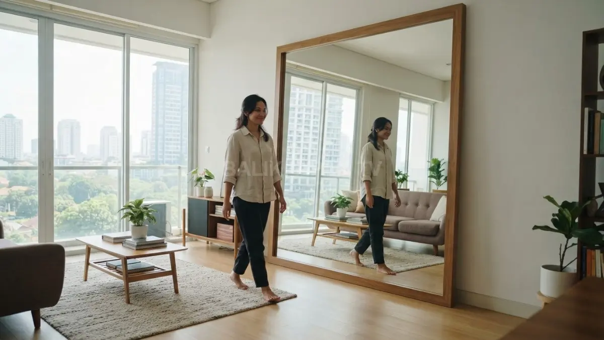 Cermin besar memantulkan cahaya alami sehingga ruangan terasa lebih luas, terang, nyaman, dan elegan (BTV/AI).