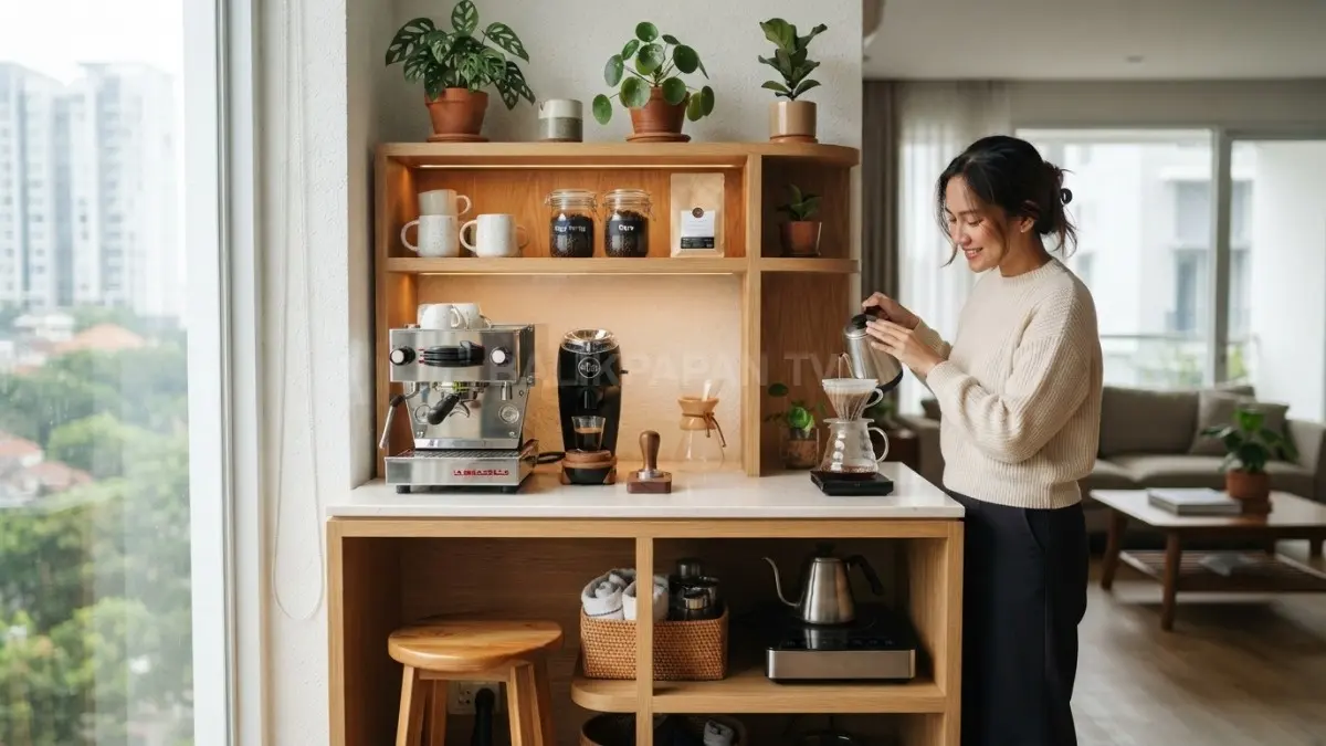 Coffee corner minimalis dengan rak kayu, mesin kopi, dan tanaman hias di sudut rumah. (BTV/AI)
