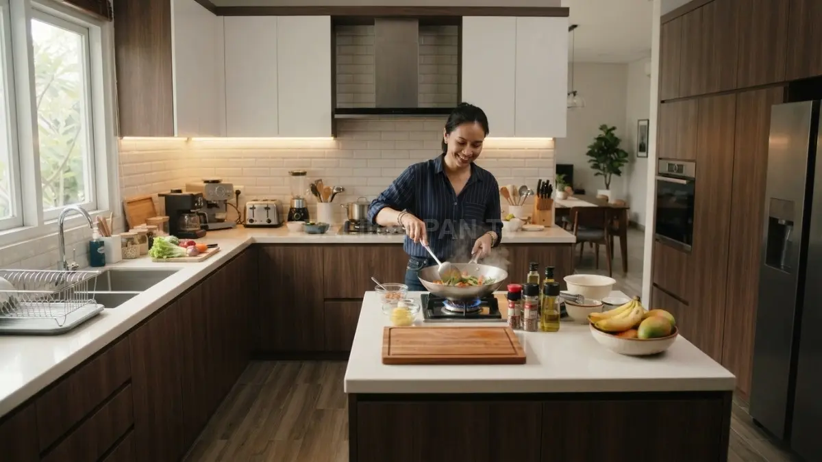 Dapur Bentuk Letter U memiliki kabinet pada tiga sisi, menawarkan ruang penyimpanan maksimal, ideal untuk keluarga aktif (BTV/AI).