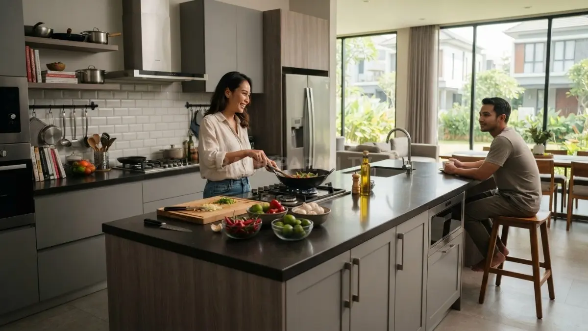 Dapur dengan Kitchen Island menghadirkan ruang memasak lebih modern, fungsional, nyaman, sekaligus estetik untuk keluarga (BTV/AI).