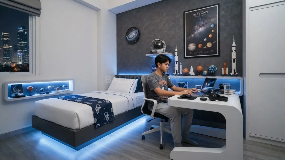 Dekorasi kamar ala galaksi menciptakan suasana modern melalui warna netral, aksesori antariksa, dan pencahayaan dramatis elegan. (BTV/AI)