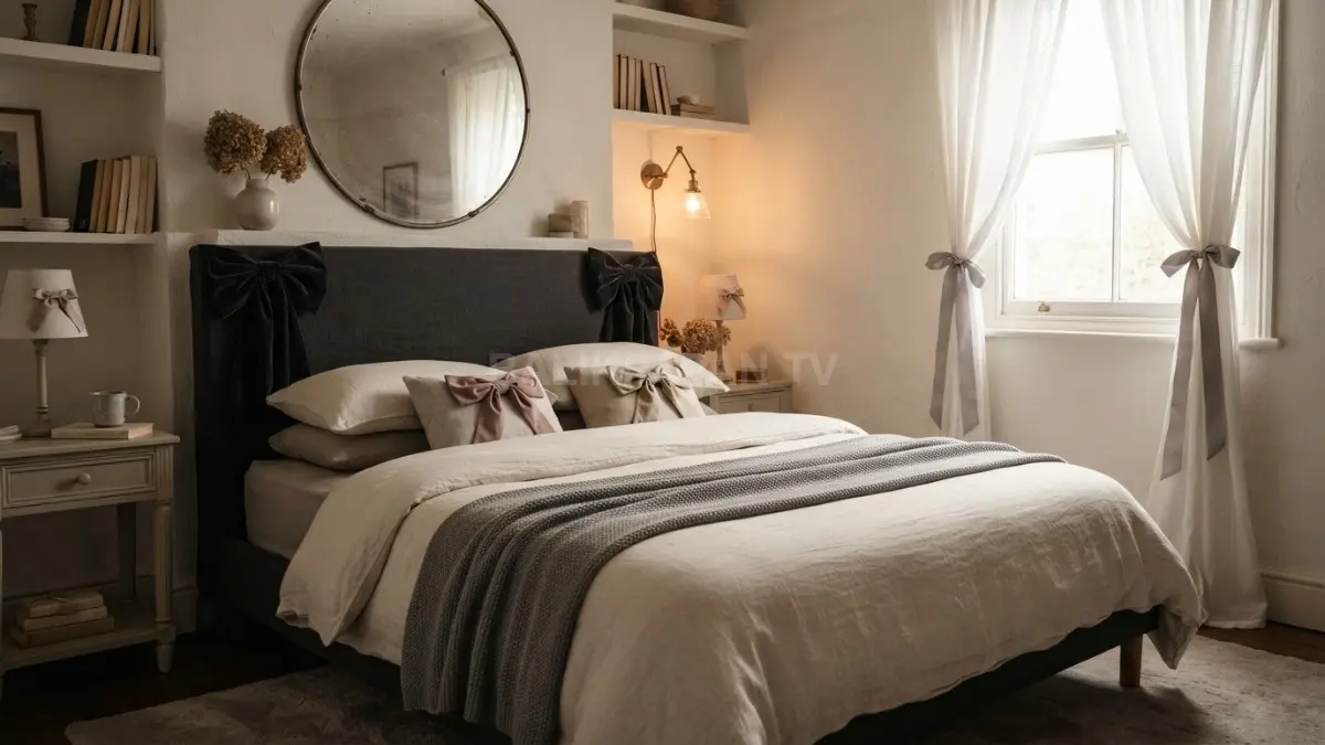 Dekorasi pita elegan menghadirkan kamar estetik dengan perpaduan warna soft hingga dark yang manis modern (BTV/AI)
