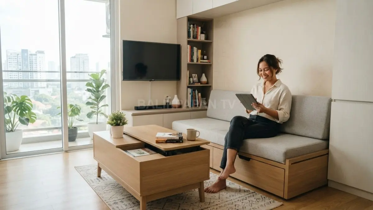 Dekorasi ruang keluarga minimalis yang rapi menghadirkan kenyamanan, estetika modern, serta furnitur multifungsi untuk keluarga (BTV/AI)