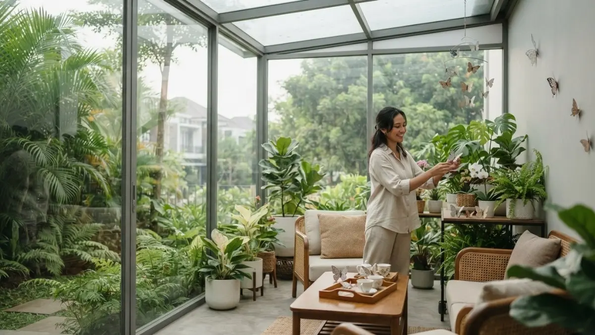 Dekorasi rumah kaca bergaya kupu-kupu menciptakan ruang terang, asri, estetik, dan nyaman sepanjang hari bagi keluarga. (BTV/AI)