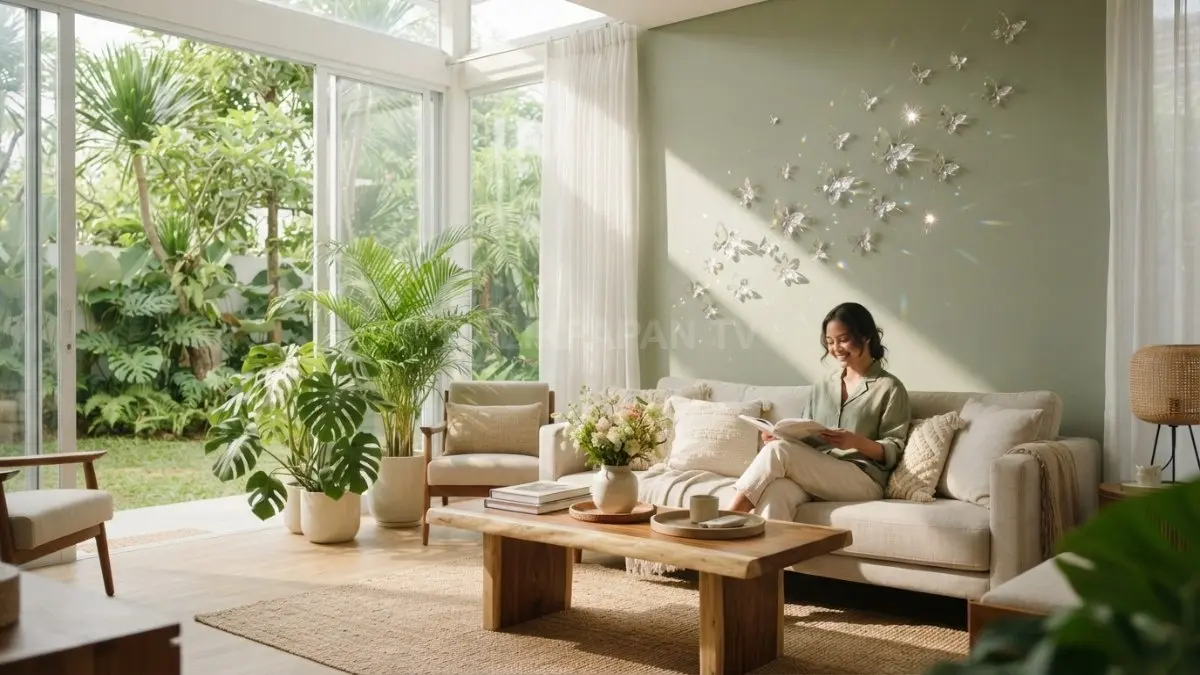 Dekorasi rumah kaca bergaya modern menghadirkan cahaya alami, tanaman hijau, dan sentuhan kupu-kupu kristal elegan memikat. (BTV/AI)