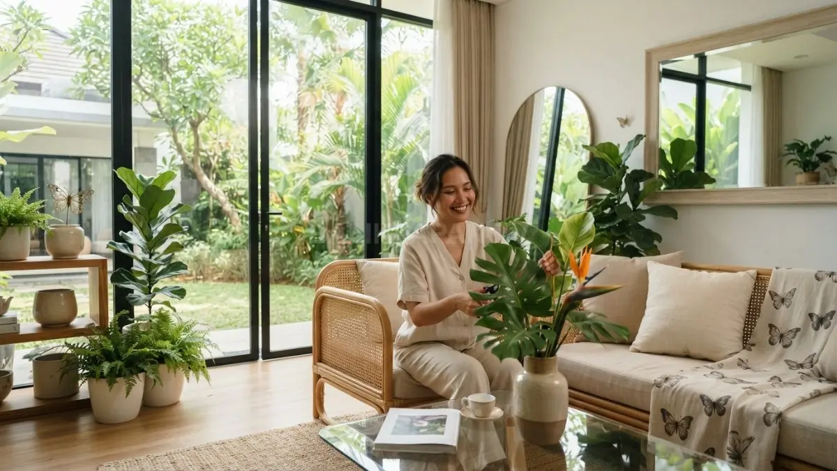Dekorasi rumah kaca dengan kupu-kupu dan tanaman hijau menciptakan suasana elegan serta sejuk alami (BTV/AI)
